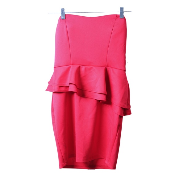 Red Strapless Asymmetrical Peplum Dress - Picture 1 of 3